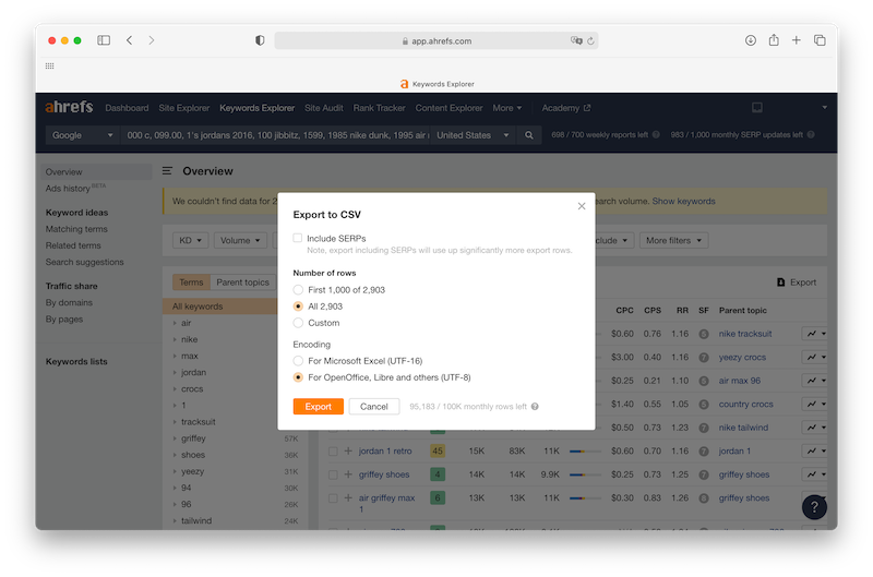 way to export keywords details from ahrefs' keyword explorer