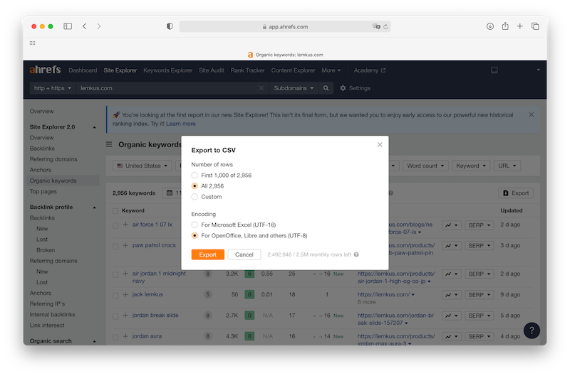 way of exporting organic keywords from ahrefs